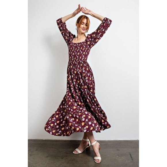 easel Dresses Easel Plum Smocked Bust Floral Printed Square Neck
